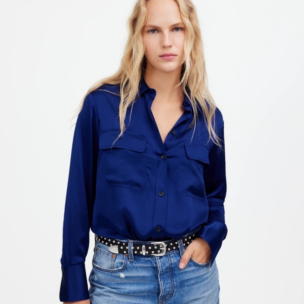 Madewell Silk Flap-Pocket Button-Up Shirt NS336 NWT Size XXS Oversized